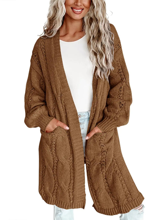 Imily Bela Womens Oversized Open Front Long Cardigans Cable Knit Long Lantern Sleeve Chunky Sweater Outwear with Pockets Brown