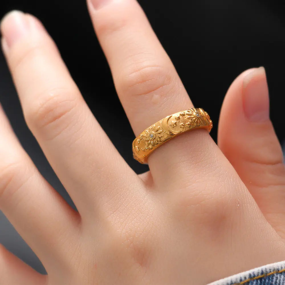 Zircon Stainless Steel Ring with Sun Moon and Star