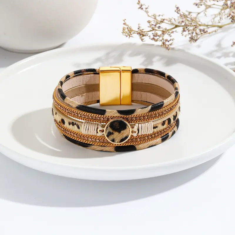 Leopard Print Alloy Magnet Buckle Leather Bracelet