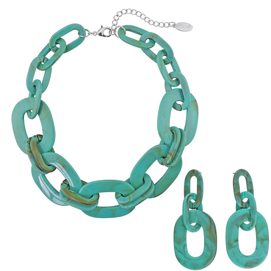 Bocar Acrylic Chunky Statement Necklace for Women Cube Link Chain Collar Necklace and Hoop Earrings Costume Jewelry Set (NK-10667-Aqua Sky)