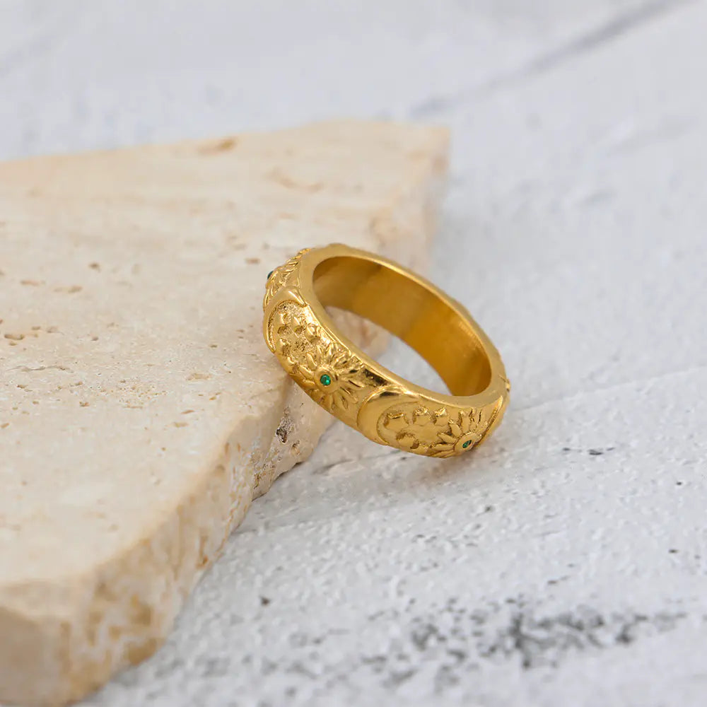 Zircon Stainless Steel Ring with Sun Moon and Star