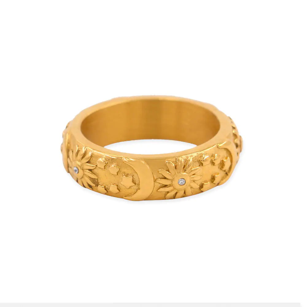 Zircon Stainless Steel Ring with Sun Moon and Star