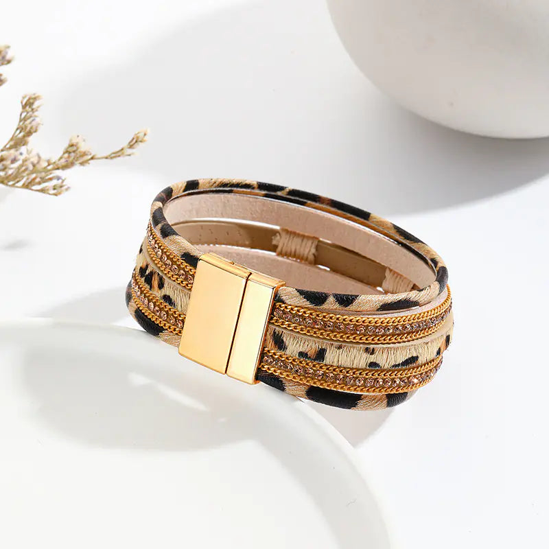 Leopard Print Alloy Magnet Buckle Leather Bracelet