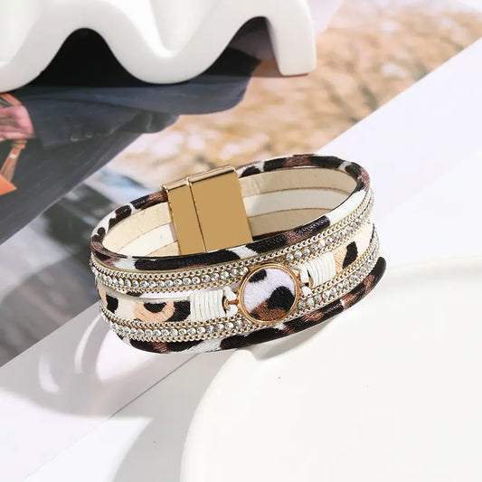 Leopard Print Alloy Magnet Buckle Leather Bracelet