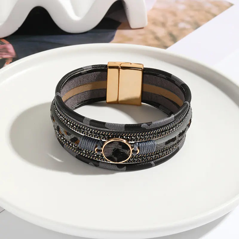 Leopard Print Alloy Magnet Buckle Leather Bracelet