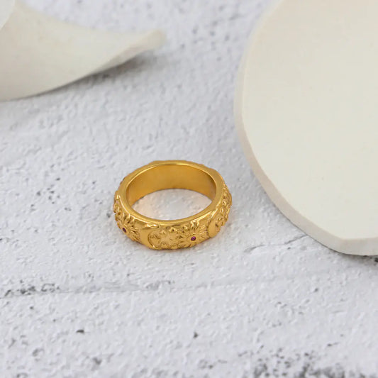 Zircon Stainless Steel Ring with Sun Moon and Star
