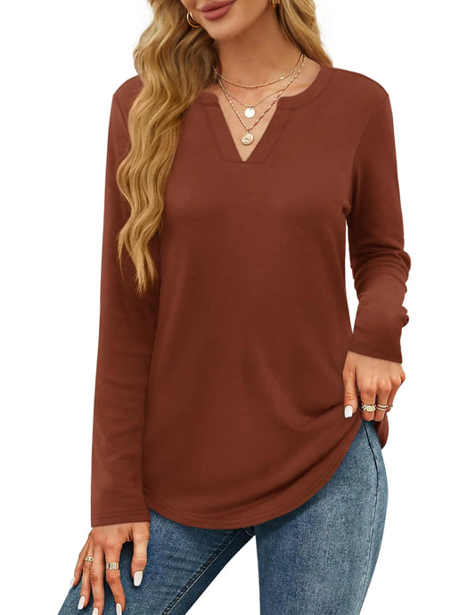 OFEEFAN Fall Outfits for Women 2024 Long Sleeve Tunics or tops to Wear with Leggings Dressy Casual Blouses Caramel M