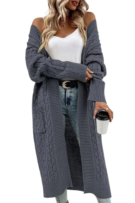 Onedreamer Womens Long Cardigan Cable Knit Open Front Long Sleeve Sweater Coats with Pockets Dark Grey